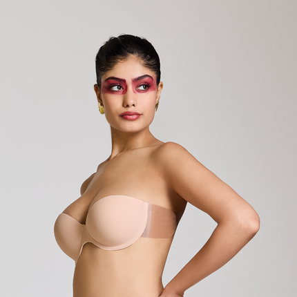 MAROON Strapless Seamless Silicone Invisible Bra Breast Lifting Dress Half Coverage Nylon Lightly Padded Transparent Back Underwire Party wear Stick-on Bra
