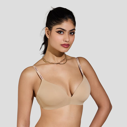 Maroon Velour Lift Seamless Padded Plunge Bra in Caramel – Mid-tone skin tone T-shirt bra for deeper cleavage.