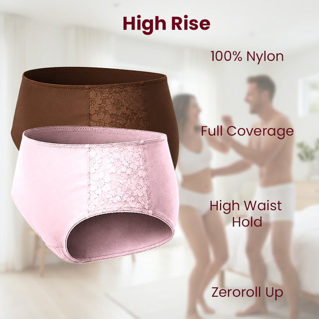 MAROON Find My Skin Tone Nylon Spandex High Rise Briefs Soft Stretchy Full Coverage High Waist Hold Zero Roll Grip Vanishing Waistband Hipster Pack of 2 Panties. Strawberry,Chocolate