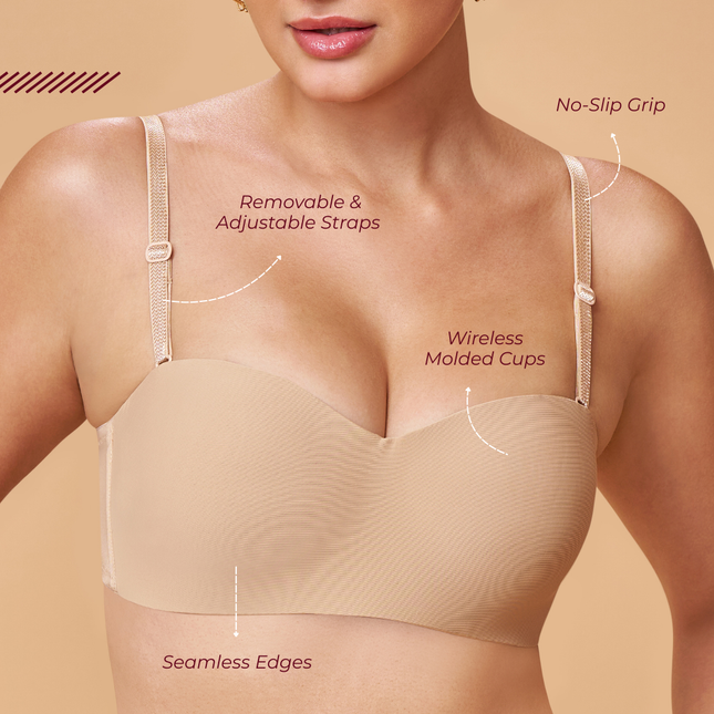 MAROON Nude Seamless Padded Non-Wired Balconette Plunge Bra for Women