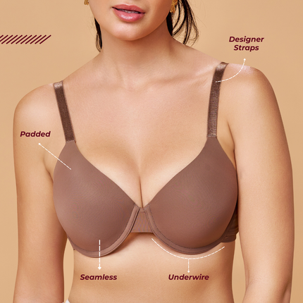 MAROON Brown Seamless Padded Underwired Full Coverage T-Shirt Bra for Women