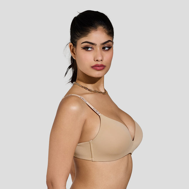 MAROON Find My Skin Tone Seamless Padded Plunge Deeper Cleavage Signature Straps Women Everyday T-Shirt Bra.
