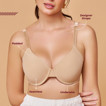 MAROON Nude Seamless Padded Underwired Full Coverage T-Shirt Bra for Women (Nude)