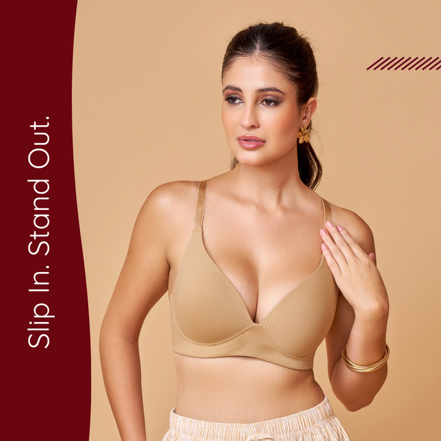 MAROON Nude Seamless Padded Non-Wired Full Coverage Plunge Bra for Women
