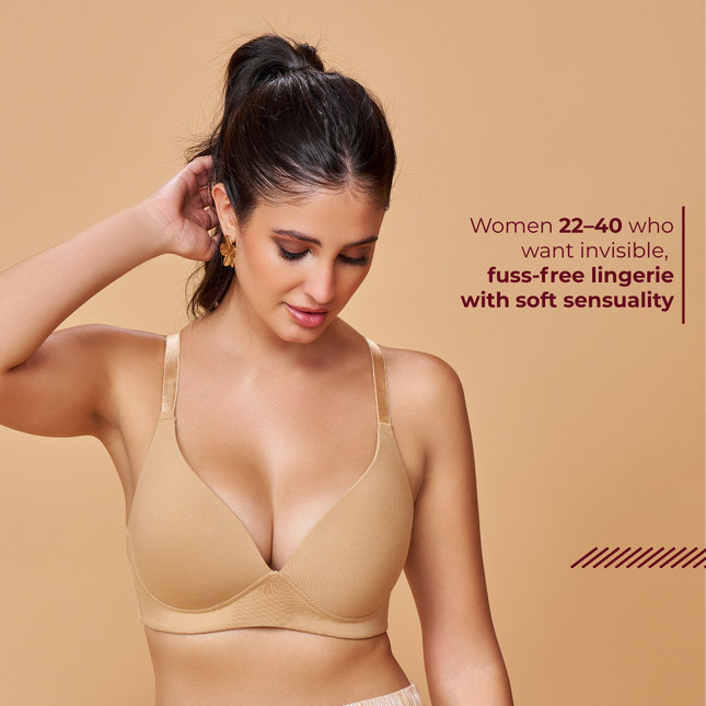 MAROON Nude Seamless Padded Non-Wired Full Coverage Plunge Bra for Women
